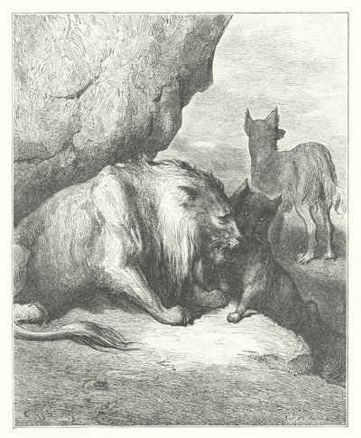 De Fabels van La Fontaine: De Leeuw, de Wolf en de Vos door Gustave Dore