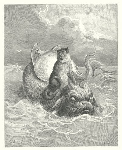 De fabels van La Fontaine: De aap en de dolfijn (gravure) door Gustave Dore