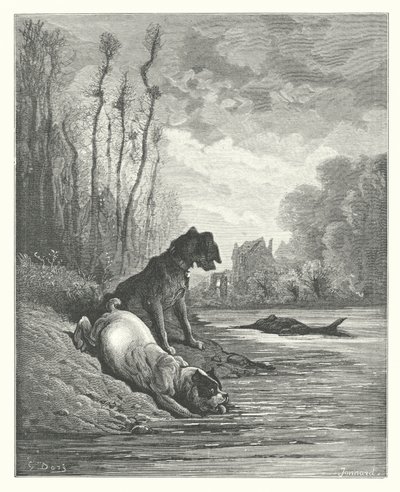 De Fabels van La Fontaine: De Twee Honden en de Dode Ezel door Gustave Dore