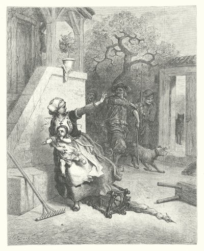 De fabels van La Fontaine: De wolf, de moeder en het kind (gravure) door Gustave Dore