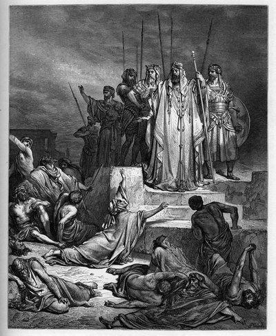 De hongersnood in Samaria - Oude Testament: Belegering van Samaria. De koning van Syrië belegerde de stad Samaria en bracht het tot een verschrikkelijke hongersnood - gravure in 