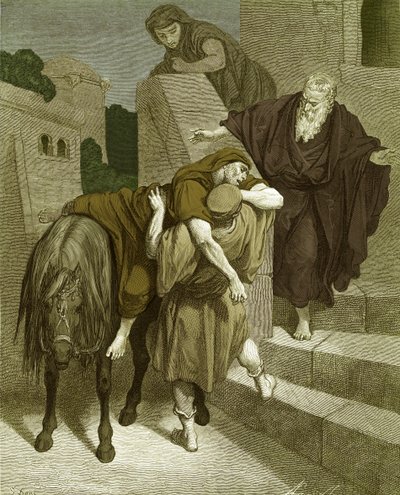 De barmhartige Samaritaan in de herberg, door Doré - Bijbel door Gustave Dore