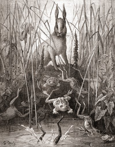 De haas en de kikkers, uit een late 19e-eeuwse editie van Fabels de La Fontaine door Gustave Dore