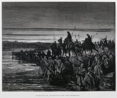 De Hebreeuwse stammen betreden Kanaän over de Jordaan, Illustratie uit de Dore Bijbel door Gustave Dore
