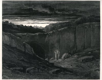 De Hel van Dante Alighieri (de Goddelijke Komedie) geïllustreerd door Gustave Dore. Franse editie van 1861. Dante en Virgil bij de ingang van de Hel: 