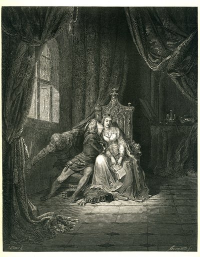 De Hel van Dante Alighieri (de Goddelijke Komedie) geïllustreerd door Gustave Doré. Franse editie van 1861. Francesca da Rimini en haar minnaar. door Gustave Dore