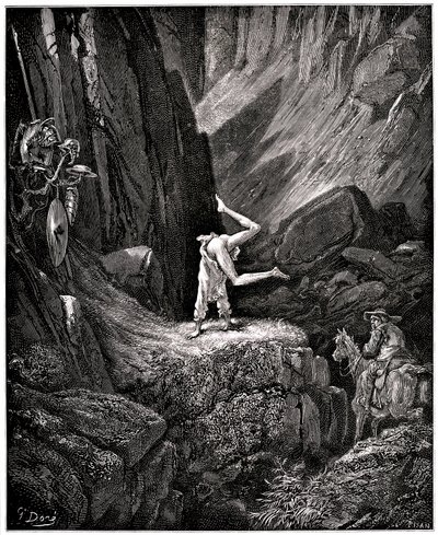 De vernuftige edelman Don Quichot van La Mancha (Quixotte - Quijote) door Miguel de Cervantes (1547-1616): de ridder met het droevige gezicht maakt cabriolen “het blootleggen van bepaalde dingen die Sancho, om ze niet te zien, zich haast om zich om te draa door Gustave Dore