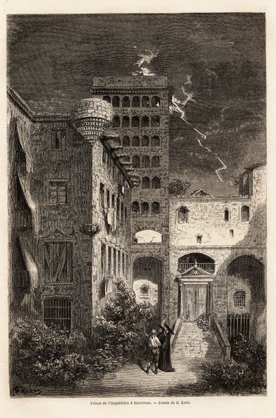 De gevangenis van de Inquisitie in Barcelona, tekening door Gustave Doré (1832-1883), ter illustratie van zijn reis naar Spanje, met C. Davillier, in 1862. Gravure in 