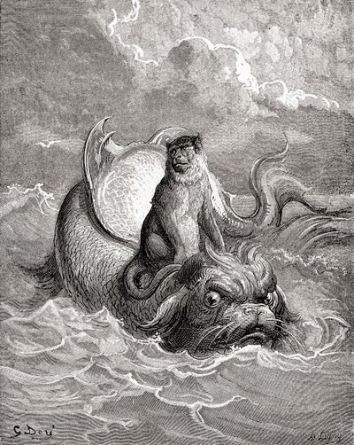 De Aap en De Dolfijn na een werk van Gustave Dore voor een La Fontaine fabel uit Leven en Herinneringen van Gustave Dore, gepubliceerd 1885 door Gustave Dore