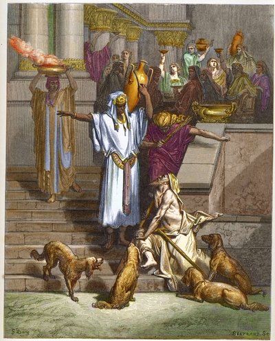 De gelijkenis van de Rijke Man en de Bedelaar Lazarus - gravure uit 