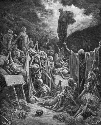 Het Visioen van de Vallei van Droge Beenderen, Ezechiël 37:1-2, illustratie uit Dore