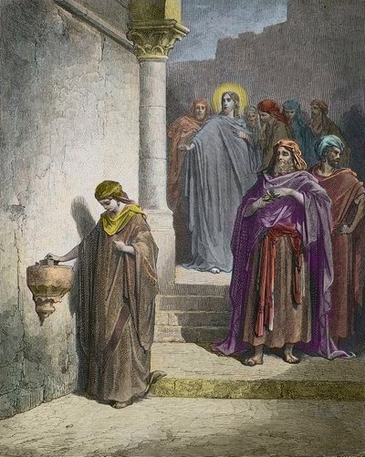 De gift van de weduwe - gravure door Gustave Doré - later ingekleurd door Gustave Dore