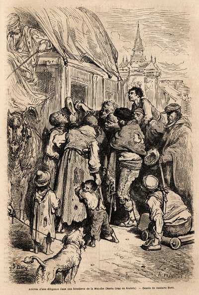 De aankomst van de diligence in een hotel in Santa Cruz de modela (provincie Mancha), belaagd door bedelaars die om aalmoezen vragen. Tekening door Gustave Dore (1832-1883). Gravure ter illustratie van de reis in Spanje, in 1862 door Charles Davillier en G door Gustave Dore