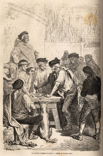 Het baratero-wapen van de navaja, dat de barato eist, een eerbetoon dat hij zich toe-eigent op het bedrag van clandestiene spellen. Tekening door Gustave Dore (1832-1883), ter illustratie van zijn reis naar Spanje in 1862, met Ch. Davillier. Gravure in 
