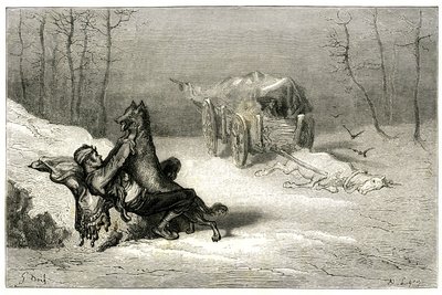 De bandiet Agostin wordt aangevallen door een wolf, nabij het dode paard nog in de kar verlaten door komedianten, of verbergt de kleine Chiquita. Gravure door Gustave Doré ter illustratie van Théophile Gautier