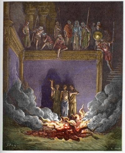 De brandende oven (de drie kinderen van Babylon, de drie jonge Hebreeën of de drie jonge mannen) Ananias, Azarias en Misael in een brandende oven omdat ze weigeren te buigen voor het beeld van de koning van Babylon - De drie jonge mannen in de brandende ov door Gustave Dore