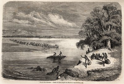 De oversteek van de Colorado-rivier per vlot, vergezeld door enkele Mohaves-indianen, tekening door Gustave Dore (1832-1883), ter illustratie van de reis van de Mississippi naar de Stille Oceaan in 1853-54 door Baudouin Mollhausen (1825-1905). Gravure in 