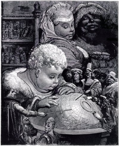 De opvoeding van Gargantua: de reus, kind, bestudeert een wereldbol met zijn leraren, onder het oog van zijn ouders door Gustave Dore