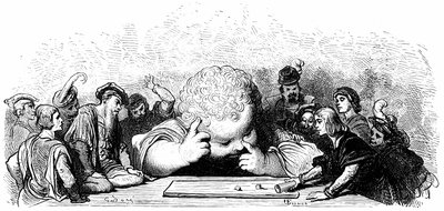 De opvoeding van het kind Gargantua: hij leert dobbelstenen te spelen. Illustratie door Gustave Doré voor het werk van François Rabelais door Gustave Dore