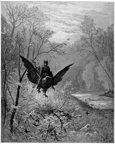 De hippoclaw, beklommen door de ridder Ruggiero, arriveert in een lachende regio - Gravure door Gustave Doré ter illustratie van 