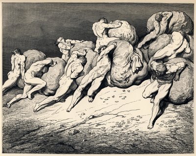 De hamsteraars en verkwisters. Illustratie bij de Goddelijke Komedie van Dante Alighieri, 1857 door Gustave Dore
