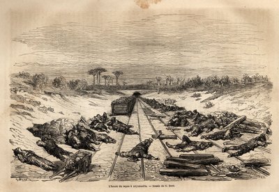 Het rustuur in Argamasilla, de vele spoorwegarbeiders liggen op het spoor, rustend in de volle zon. Gravure ter illustratie van de reis naar Spanje door Gustave Doré (1832-1883) illustrator en Baron Ch. Davillier redacteur, in 1862, gepubliceerd in 