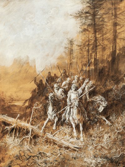 De mars van ridders, illustratie voor serie gedichten, Idyllen van de Koning door Albert Tennyson, aquarel door Gustave Doré door Gustave Dore