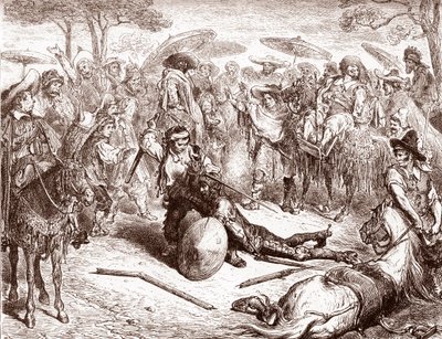De kooplieden van Toledo kijken toe hoe een van hun muildierdrijvers Don Quichot slaat Gravure door Gustave Dore voor 