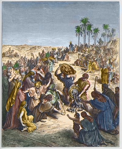 De vermenigvuldiging van brood - Christus voedt de menigte - gravure in 
