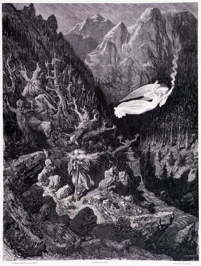 De oude man met een beurs en zijn stok die in een vijandig landschap loopt, wordt overtroffen door een engel die een vuurspies zwaait, Plaat VII - Illustratie door Gustave Doré, voor La légende du Juif errant door Pierre Dupont, editie Librairie du magasin door Gustave Dore