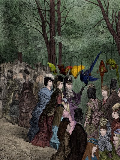De papegaaienwandeling in een Victoriaanse Londense dierentuin door Gustave Dore