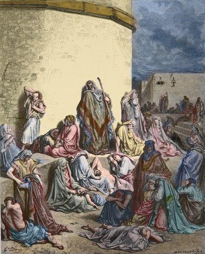 Het volk van Israël rouwt over Jeruzalem - Oude Testament - Klaagliederen van Jeremia - Het volk huilt in de ruïnes van Jeruzalem - gravure door Gustave Doré - later ingekleurd. door Gustave Dore