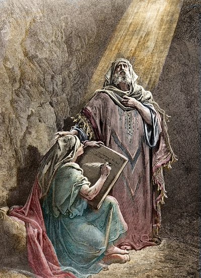 De profeet Jeremia dicteert zijn profetieën aan Baruch - Gekleurde gravure door Pannemacker, uit de Bijbel van Gustave Doré (1832-1883) door Gustave Dore