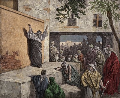 De profeet Micha die het volk van Israël aanspoort tot boetedoening. Gravure uit 