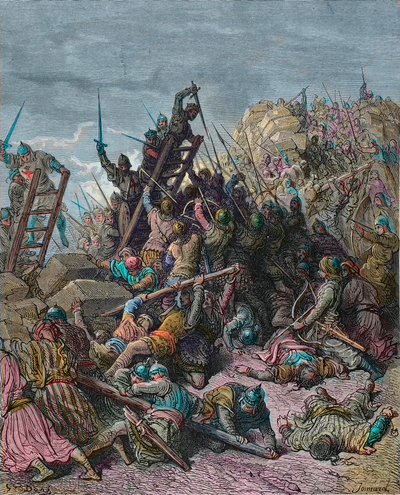 Het beleg van Ptolemais tijdens de derde kruistocht 1189 - gravure door Gustave Doré uit 