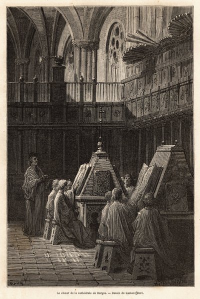 De studie van psalmen door het koor van de kathedraal Santa Maria de Burgos (15e eeuw), wiens goddelijke dienst de bijzonderheid heeft daar gezongen te worden door vijf verschillende koren sinds de 17e eeuw. Tekening door Gustave Doré (1832-1883). Gravure  door Gustave Dore