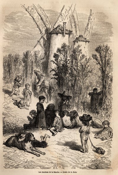 De distels van het Kanaal, aan de voet van de molens geliefd door Don Quichot, met de voorstelling van een windhond, een hondenras dat zeer frequent is in de regio (de figuur van de altijd hongerige galgo corredor in Don Quichot) en een menigte bedelende k door Gustave Dore