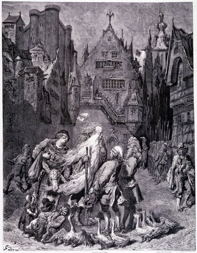 De wandelende Jood omringd door nieuwsgierigen in een stad - in De legende van de wandelende Jood door Gustave Doré, Boekhandel van de Schilderachtige Winkel door Gustave Dore