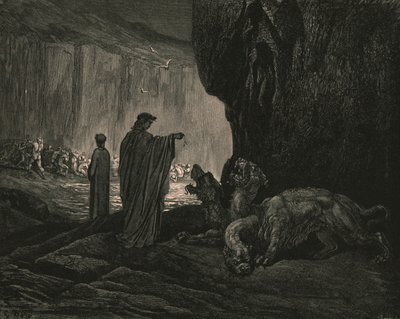 Toen mijn gids, zijn handpalmen op de grond uitbreidend, c1890 door Gustave Dore