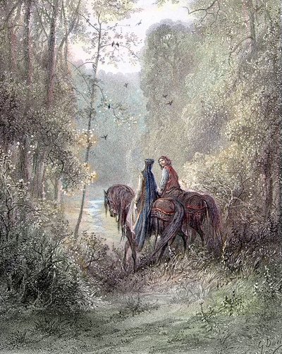 Ze verdwaalden onder bossen die leken op een bloemenparadijs (Guenièvre en Lancelot) - in Guenièvre door Alfred Tennyson, ill. door Gustave Doré Parijs, Librairie Hachette et Cie door Gustave Dore
