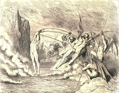 Dit gezegd hebbende, grepen ze hem met meer dan honderd haken, c1890 door Gustave Dore