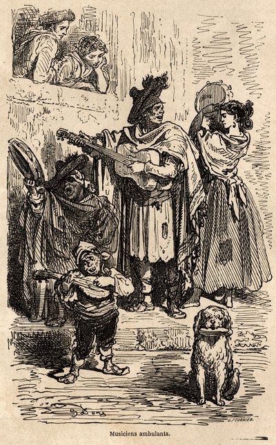 Reizende muzikanten in Valencia. Illustratie van Gustave Dore
