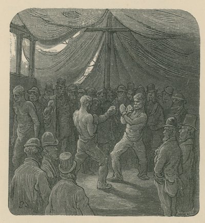 Twee mannen boksen terwijl een menigte toekijkt door Gustave Dore