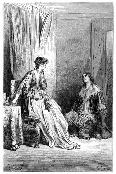 Vallombreuse knielt voor Isabelle, op wie hij verliefd is. Gravure door Gustave Dore ter illustratie van Theophile Gautier
