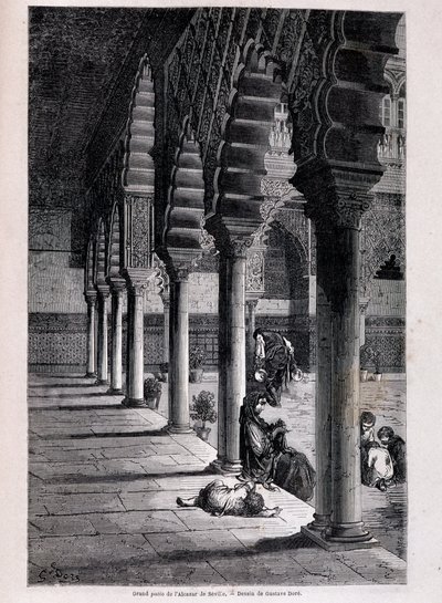 Uitzicht op de grote patio van het Alcazar in Sevilla - door Doré, in "Tour du Monde", 2e semester 1866. door Gustave Dore
