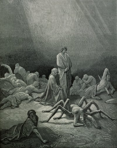 Vergilius (70-19 v.Chr.) en Dante kijken naar de spinnenvrouw, illustratie uit 