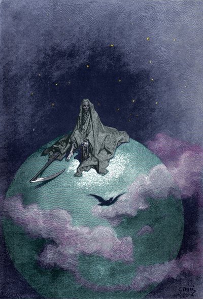Visioen van de dood zittend op de wereldbol met zijn zeis. Illustratie door Gustave Doré door Gustave Dore