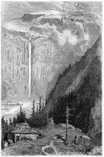 Waterval van Cirque de Gavarnie gezien vanaf de herberg: gravure door Gustave Doré ter illustratie van het boek "Reis naar de Pyreneeën" door Hippolyte Taine, Hachette 1860. door Gustave Dore