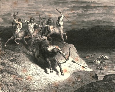 We naar die beesten, die snel naderden, toen Chiron een pijl tevoorschijn haalde door Gustave Dore