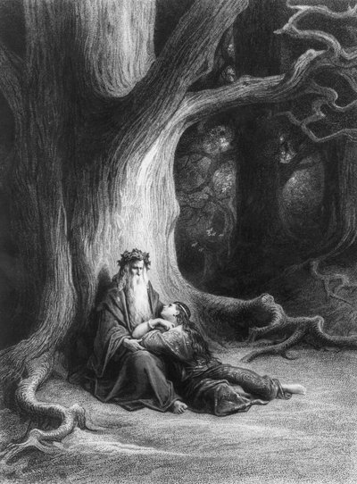 Tovenaar Merlin en fee Vivien in het bos van Brocéliande. Naar het gedicht 